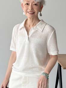 FRIFUL Women's Partial Placket Polo Collar Semi-Sheer Basic Comfortable T-Shirt - Beige - View 1