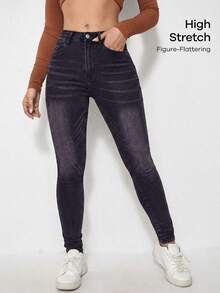 SHEIN ICON 女士纯色简约日常牛仔裤 - 黑色 - 查看 3