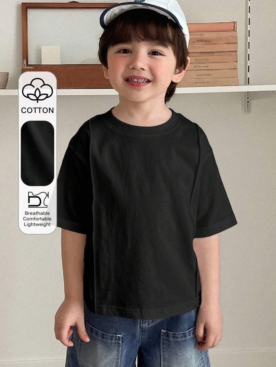 Hapijoa 男童休闲日常通勤简约纯色落肩宽松黑色T恤，夏季 - 黑色 - 查看 1