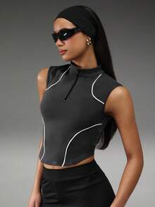 Normani Women's Black And White Summer Streetwear Workout Top,Contrast Zipper Racer Top,Y2k 90s Vintage Rave,Sports Yoga Top - Grey - View 5