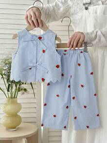 LMoss Kids 2件套女童条纹草莓印花无袖上衣和宽松休闲裤套装，儿童服装 - 藍色 - 查看 3