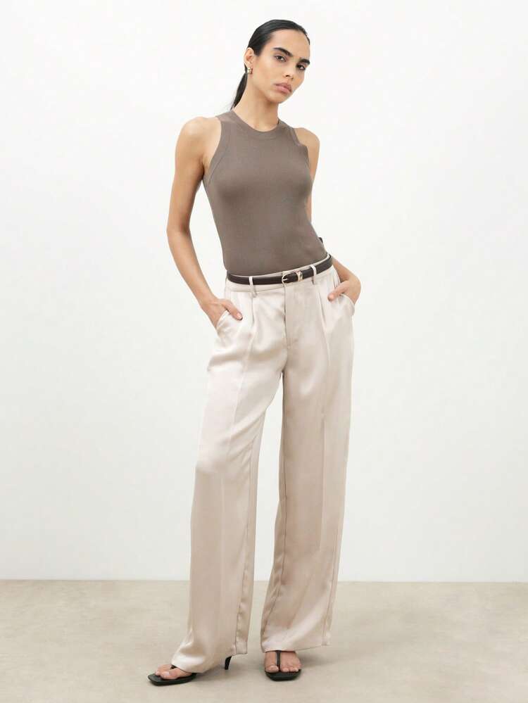KSTM Women's Satin Wide Leg Suit Pants High Waisted Palazzo Trousers Office Business Professional Formal