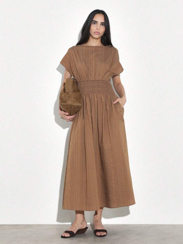 KSTM Shirred Waist Long Dress With Short Sleeves And Boat Neckline Casual Maxi Dress With Smocked Elastic Waistband And Side Pockets