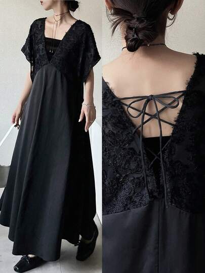 FRIFUL Women's Lace Patchwork Criss-Cross Back Decor A-Line Midi Dress, Summer Beach Dress