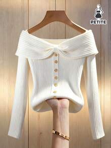 Franclia Petite 女士纯色杏色针织弹力修身罗纹领口、蝴蝶结和纽扣装饰长袖露肩T恤，适合春秋季穿着。休闲百搭，尽显法式优雅，杏色上衣，秋冬季节皆宜，适合日常穿着、春假、春季等场合。女士白色优雅上衣 - 白色 - 查看 1