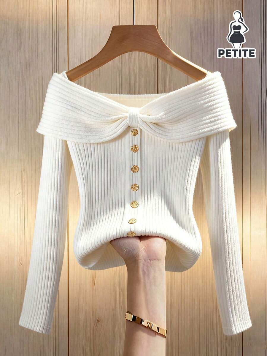 Franclia Petite 女士纯色杏色针织弹力修身罗纹领口、蝴蝶结和纽扣装饰长袖露肩T恤，适合春秋季穿着。休闲百搭，尽显法式优雅，杏色上衣，秋冬季节皆宜，适合日常穿着、春假、春季等场合。女士白色优雅上衣 - 白色 - 查看 1