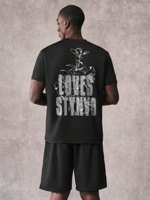 STYNVO Men's Casual Floral & Letter Print T-Shirt And Shorts Set, Summer - Black - View 1