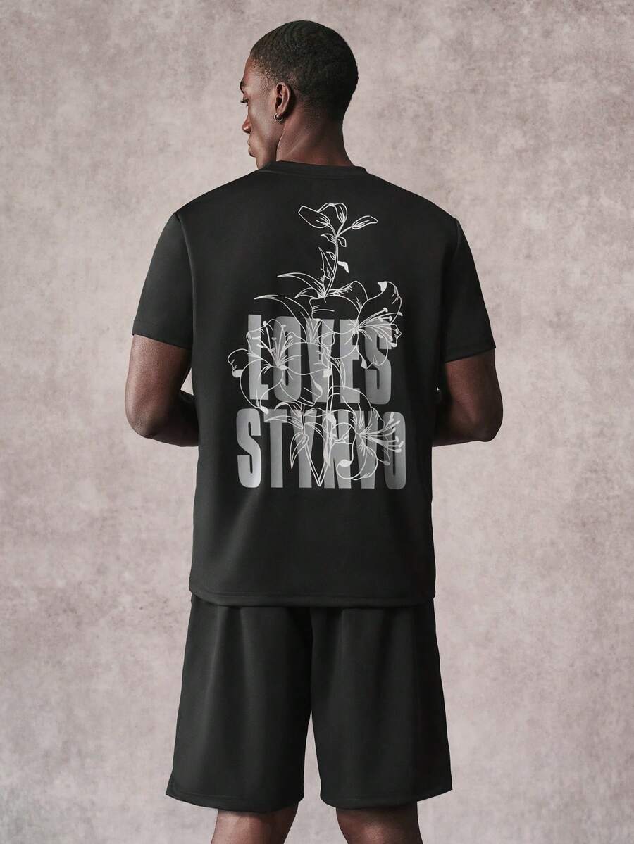 STYNVO Men's Casual Floral & Letter Print T-Shirt And Shorts Set, Summer - Black - View 1