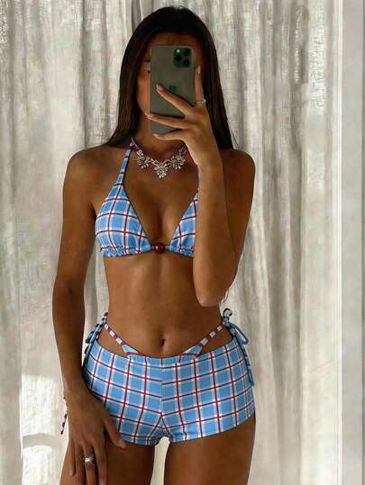 Bonvoyette 女士三件套条纹格子随机印花V领挂脖系带比基尼上衣、三角裤、低腰泳衣套装