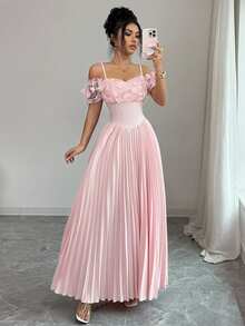 Elenzga 女士春夏新款优雅浪漫法式甜美纯色连衣裙，高端3D立体花卉设计，褶裥收腰A字裙，粉色露肩款 - 粉色 - 查看 7