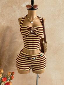 Soleia 女士度假条纹吊带背心、短裤套装，海滩、西部、度假、音乐节、夏季服装、波西米亚风 - 彩色 - 查看 4