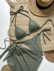 Bonvoyette Bộ bikini nữ mùa xuân/hè làm từ vải jacquard đính cườm - xanh quân đội - Xem 7