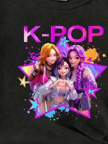 Kpop Girl Graphic Print Round Neck Short Sleeve Casual Versatile T-Shirt - Black - View 4