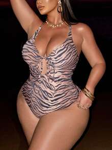 Swim SXY Plus Size Women's Random Zebra Print Backless Sexy One-Piece Swimsuit - Multicolor - View 5