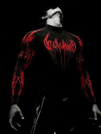 RISE LYT Men's Graphic Print Stand Collar Slim Fit Long Sleeve Athletic T-Shirt