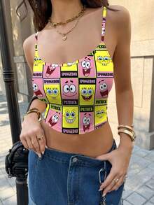 SpongeBob SquarePants | SHEIN 女士字母卡通印花修身吊带背心，夏季 - 白色 - 查看 1