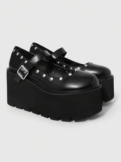 ROMWE Women's Shoes Fashion Platform Shoes - Casual Style Summer Punk Gothic Round Toe Bow Decorative Buckle Shoes - Comfortable And Simple Slip-On Women's Shoes