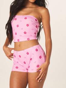 MISSGUIDED Women Floral Heart Print Bandeau Crop Top And Matching Hot Pants Pajama Set Sleepwear Nightwear Co Ord Summer Loungewear - Multicolor - View 5