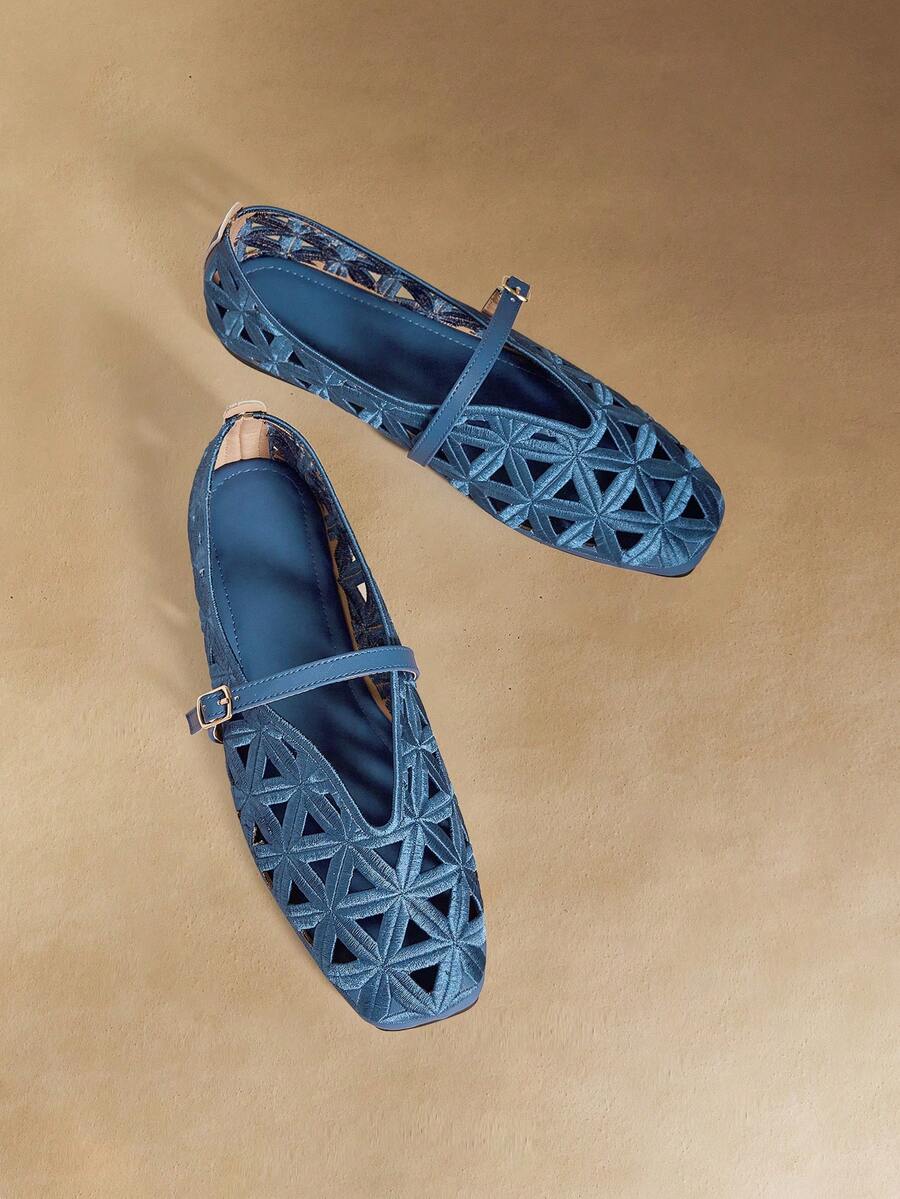 Rosivie Mocasines casuales de mujer con diseño de hebilla y calados - Azul Pavo Real - Ver 1