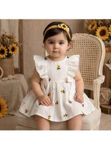 Loomiva 女婴编织花卉图案圆领荷叶边下摆休闲连衣裙 - 彩色 - 查看 3