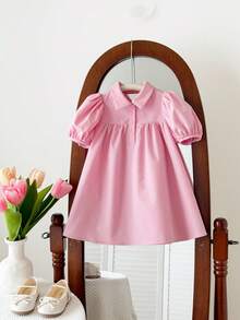 SHEIN LMoss Kids Baby Girl Green Short Sleeve Collared Dress, Summer - Pink - View 2