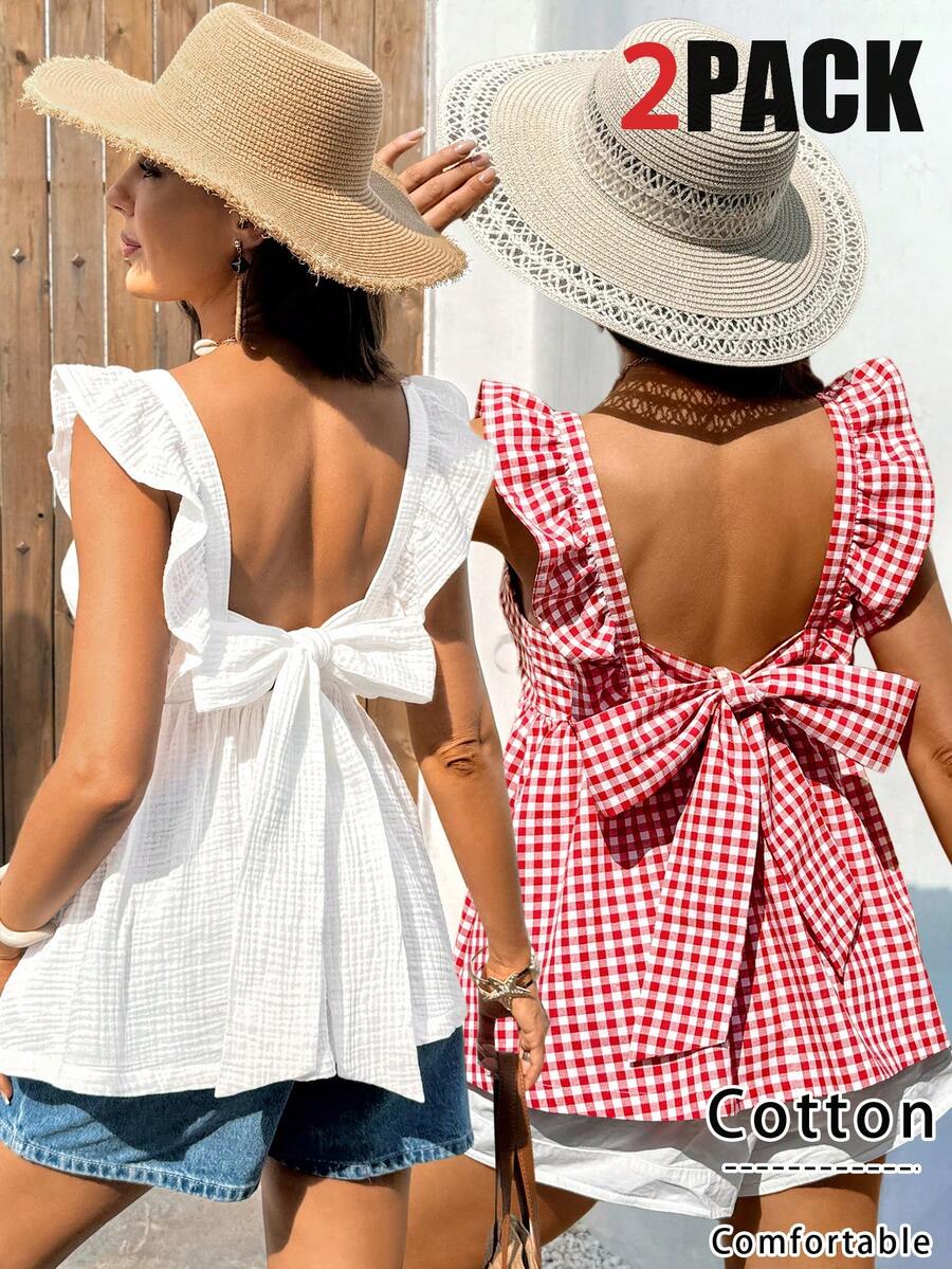 Boho Mama Summer Outfits 2 Pack Maternity Shirt Set, Featuring A Back Bow Tie, Made Of Comfortable And Breathable Cotton Fabric, In A Bohemian Style. Maternity Vacation Casual Plaid Ruffle Tie-Back Blouse - Multicolor - View 1