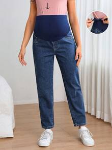 SHEIN 孕妇纯色休闲牛仔裤 - 中等水洗藍 - 查看 8