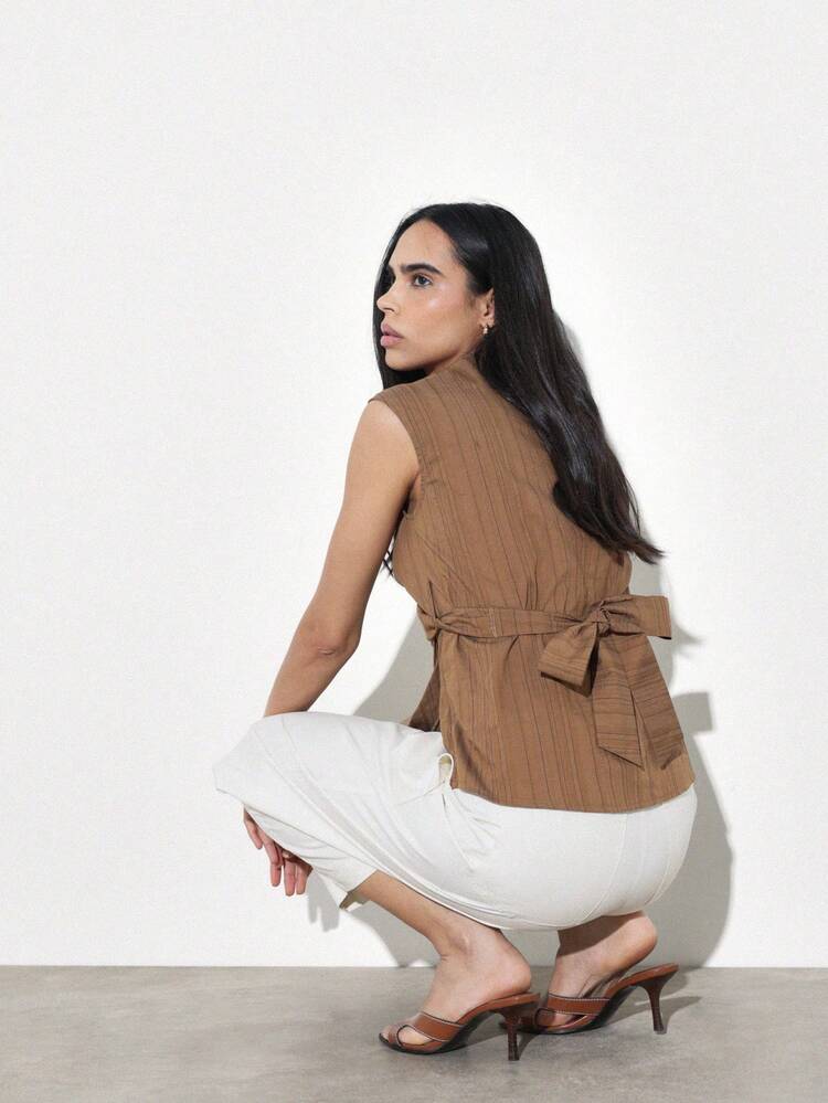 KSTM Women's Sleeveless Brown Pinstripe Wrap Tank Top With V-Neckline And Tie Waist Detail For Professional Office Wear