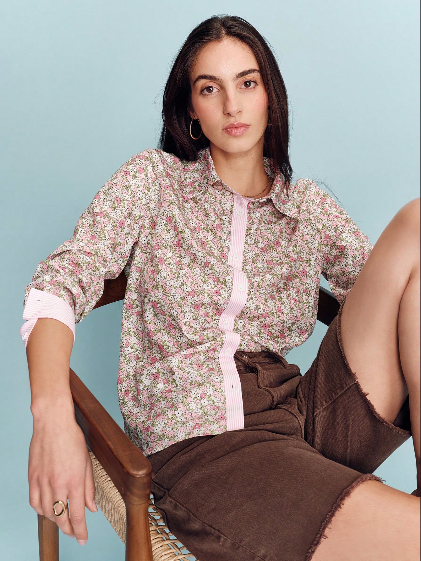 Pink Floral Print Long Sleeve Shirt With Striped Button Placket Vintage Spring Summer Style French Style Parisian Style Floral Shirt Ditsy Floral Top Flower Shirt Floral Blouse Cottagecore Clothes