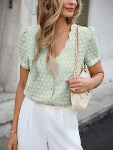 Isle Nomé Women's Ruffled Jacquard Polka Dot Loose Casual Top, Spring/Summer - Mint Green - View 7
