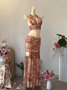 SuriyaCove Conjunto de 2 piezas con top halter sin espalda con estampado total y falda plisada para mujer - Albaricoque - Ver 4