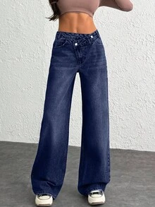 SHEIN WOMEN CLASSIC HIGH WAIST WIDELEG MEDIUM WASH DENIM JEAN ASYMETRIC WAIST Y2K - Dark Wash - View 3