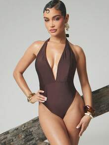 Hauture Women's Sexy Shinny V Deep Plunge Halter Neck Monokini - Brown - View 5