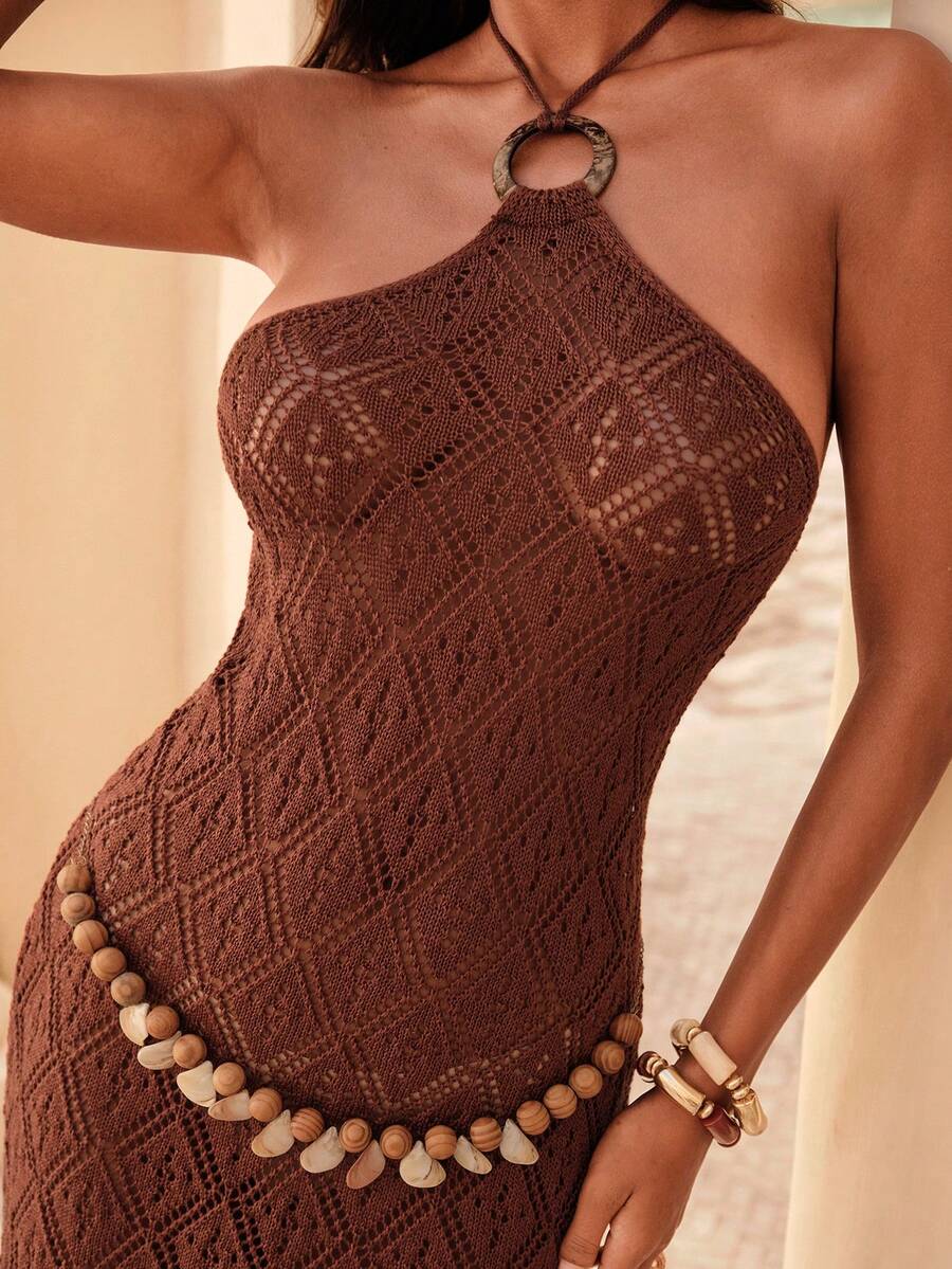 Nevyona Women's All-Match Minimalist Hollow Out Versatile Beach Vacation Style Dress - Coffee Brown - View 1