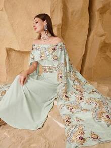Modelyn Elegant Floral Decor Women's Cinched Waist Flattering Midi Dress - Pastel Green - View 3