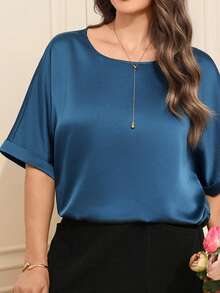 EMERY ROSE 大码女式时尚休闲圆领T恤/夏季/优雅，蓝色优雅缎面上衣，女士蓝色工作衬衫，女士缎面上衣，宝蓝色衬衫，蓝色上衣，大码丝绸上衣，女士丝滑上衣，女士短袖上衣，女士衬衫，休闲女式上衣和衬衫，女士工作上衣 - 藍色 - 查看 7