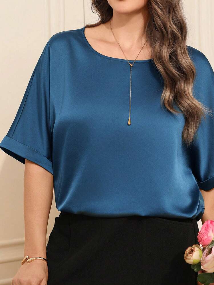 Plus Size Women's Fashionable Casual Crew Neck T-Shirt/Summer/Elegant, Blue Elegant Satin Top,Work Blue Blouses For Women Satin Tops For Women Royal Blue Blouse Blue Tops Plus Size Silk Top Silky Tops For Women Women's Short Sleeve Tops Blouse For Women Casual Women's Tops And Blouses Women's Work Tops