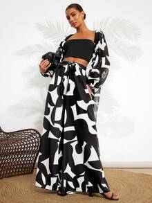 Gownix Women's 2 Pieces Set Zebra Print Outfits,Casual White And Black Wide Leg Pants Set,Bohemian Vacation Holiday Autumn Resort Wear Beach Cover Up Outfit - Black and White - View 7