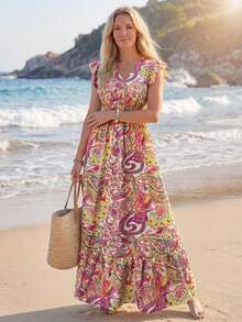 Sylviya Váy thường ngày/ngày lễ mùa hè in họa tiết cổ chữ V dành cho nữ, tay loe, eo nhún, viền bèo - Nhiều màu - Xem 5