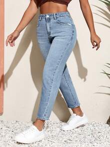 SHEIN CURVE+ Plus Size Solid Color Minimalist Everyday Jeans - Blue - View 4