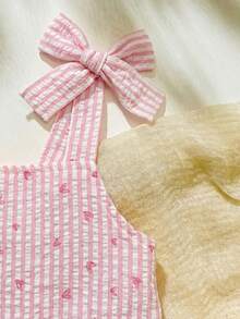 SHEIN 2件套女婴幼儿/新生儿0-3岁休闲日常可爱度假条纹蝴蝶结装饰吊带背心+短裤套装，春夏款 - 粉色 - 查看 8