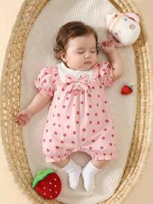SHEIN Newborn Baby Girl Sweet Strawberry Print White Ruched Collar & Cuff Romper With Matching Bow Headband, Summer Outfit - Pink - View 3