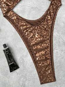 Bonvoyette 女士性感金属质感连体泳衣，金色箔片纹理面料，不对称金属环装饰，深V镂空性感度假连体泳衣，适合沙滩派对、休闲度假高衩连体泳衣 - 彩色 - 查看 6