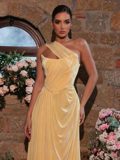 Glamrae Elegante vestido de gasa asimétrico minimalista y estructuralista con cuello plisado y decoración en línea A, adecuado para vestido de noche, formal de negocios y vestido de invitada