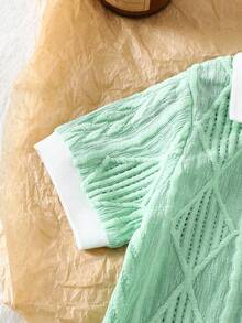 男婴薄荷绿休闲几何纹理Polo衫短裤套装，适合日常外出、运动、休闲玩耍和度假旅行。 - 綠色 - 查看 3