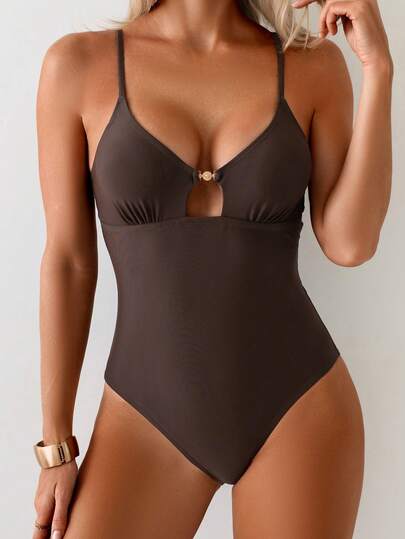 Oceva Women's One-Piece Solid Color Backless Hollow Front Swimsuit, Summer