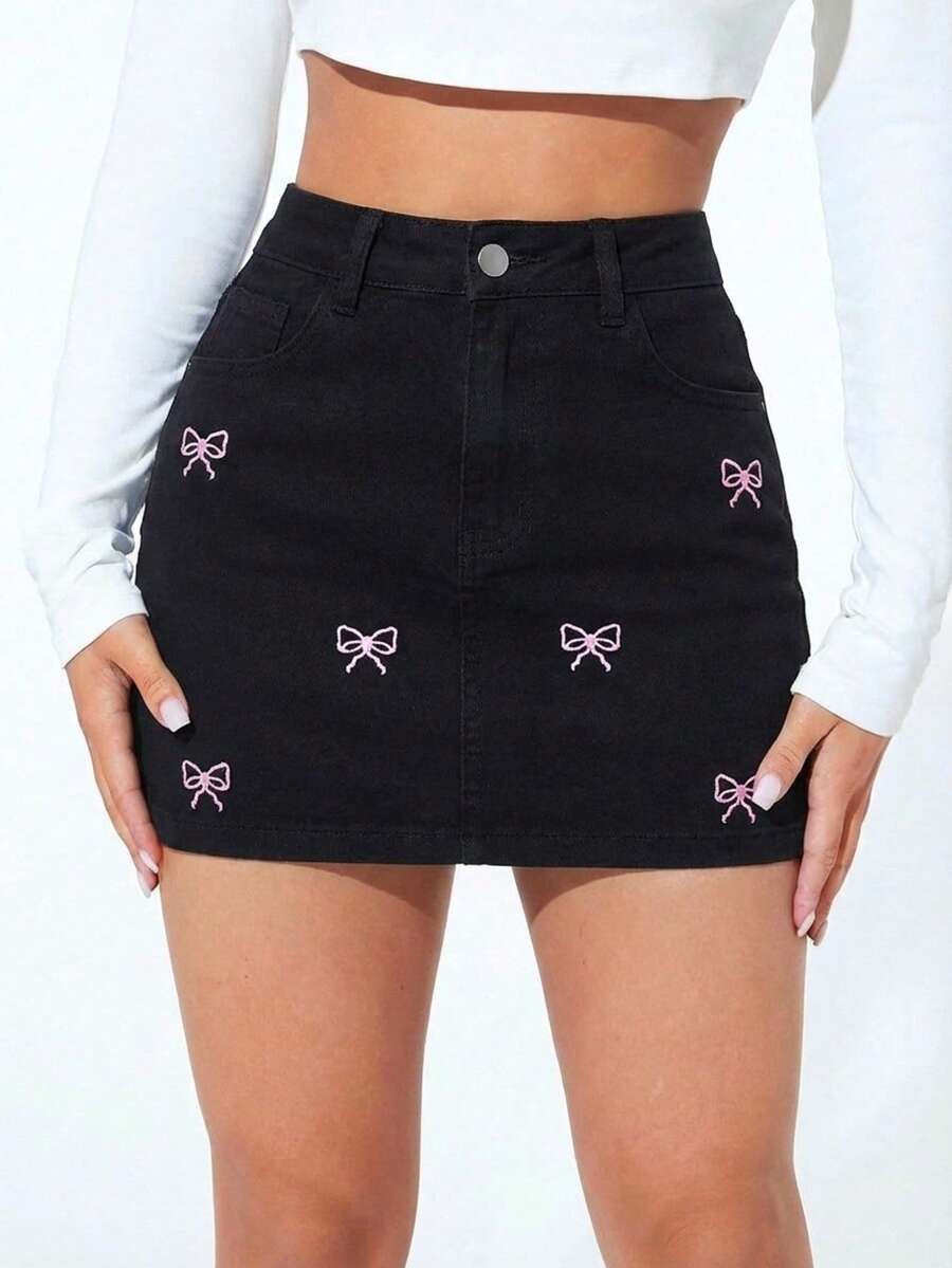 Falda mezclilla corta bordada con moños todas y cremallera - Negro - Ver 1