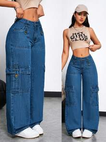 SHEIN Tall Calça jeans cargo casual de perna larga, com bolso inclinado e cor sólida. - Azul - Ver 1