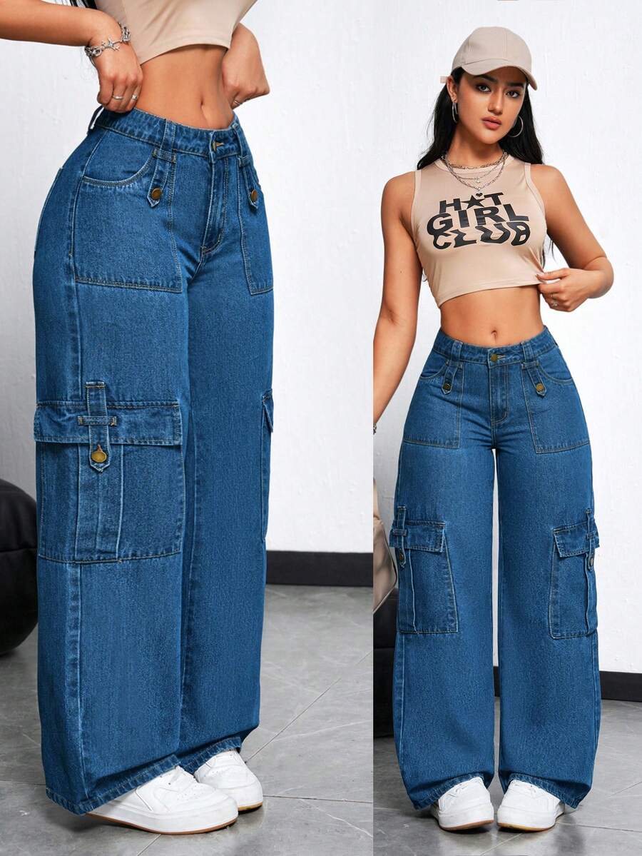 SHEIN Tall Calça jeans cargo casual de perna larga, com bolso inclinado e cor sólida. - Azul - Ver 1
