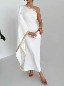 Breezaya Elegant One Shoulder Slope Collar Bat Sleeves Collar Sleeves Embroidered Webbing Trim Woven White Spring And Summer Ladies Elegant Dress Party Elegant Dress White Dress Graduation Ceremony Mom Outfit Ladies Commuting Wear Dress Elegant Party Dress Ladies Festival Dress Ladies Summer Dress White Dress Ladies Social Dress Ladies Party Dress White One Shoulder Dress White Vacation Dress White Maxi Dress White Elegant Dress White Beach Dress - White - View 5